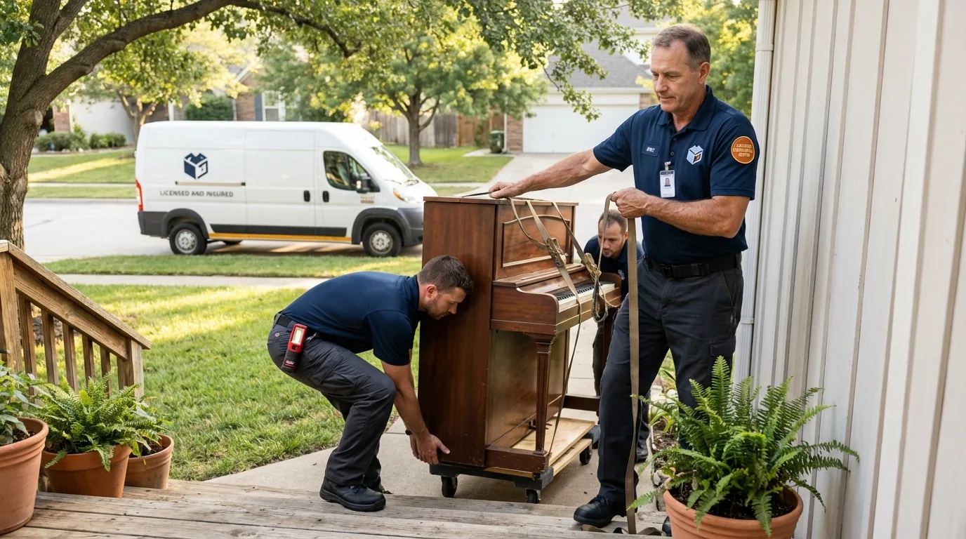 Licensed piano movers securing grand piano in Rock Valley, IA