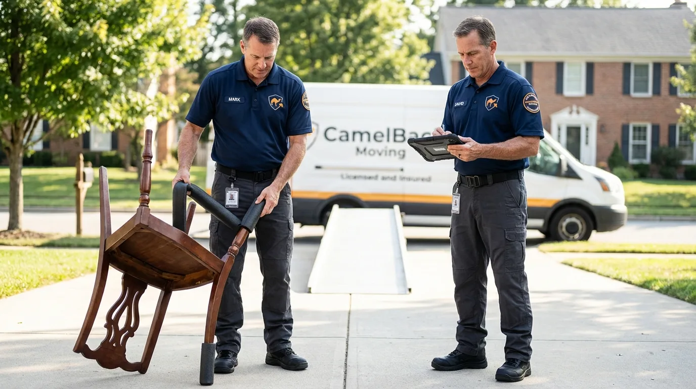Movers inspecting furniture for damage prevention before loading in Rock Valley, IA