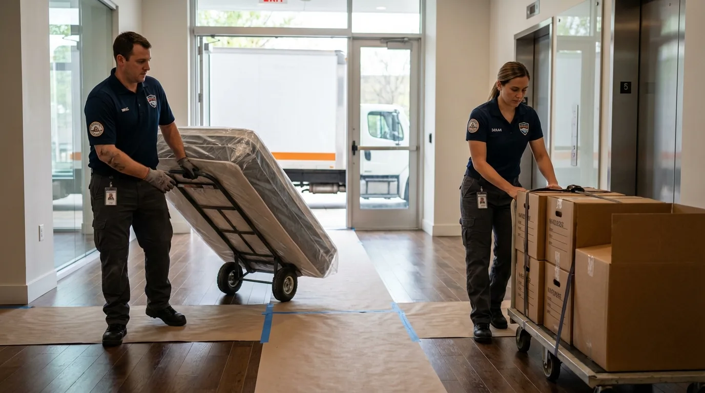 Professional apartment movers loading elevator in Rock Valley, IA