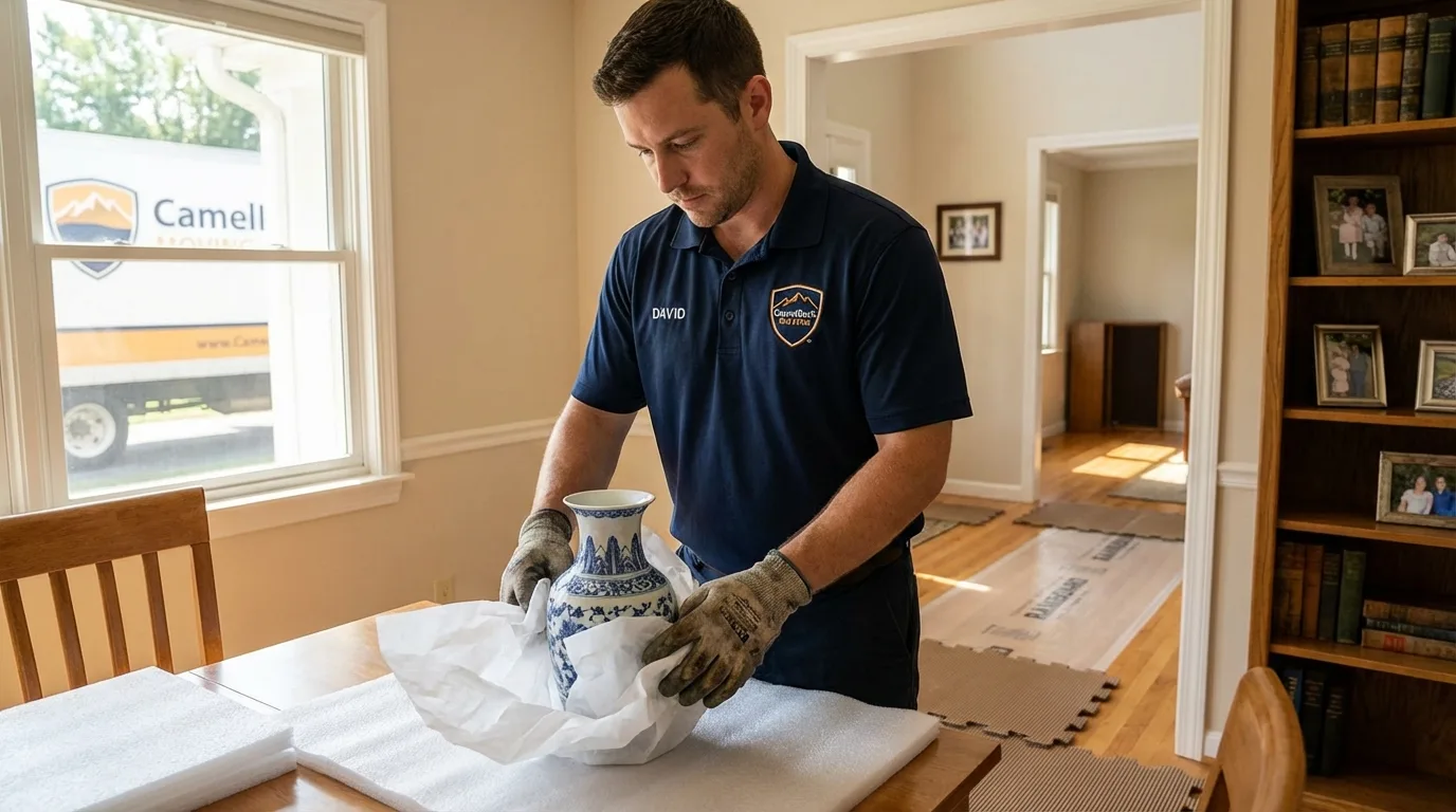 Professional crew carefully wrapping antique vase for senior downsizing move in Rock Valley, IA